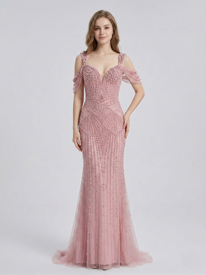Pink Pearl & haute couture Beaded Mermaid Evening Gown MC20140
