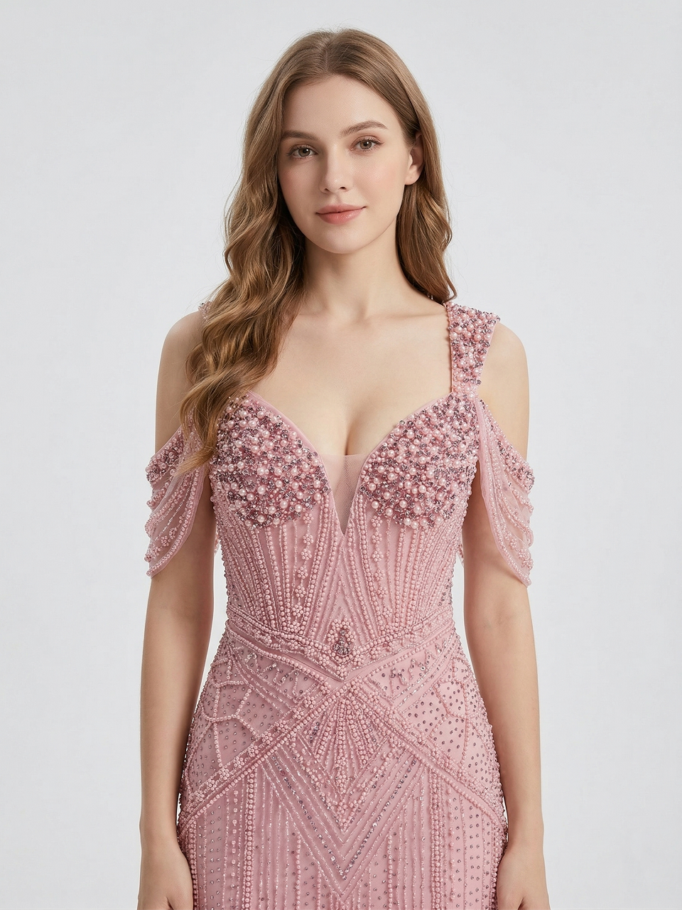 Pink Pearl & haute couture Beaded Mermaid Evening Gown MC20140