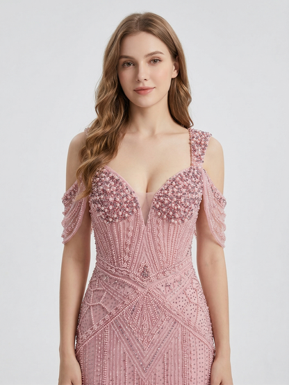Pink Pearl & haute couture Beaded Mermaid Evening Gown MC20140