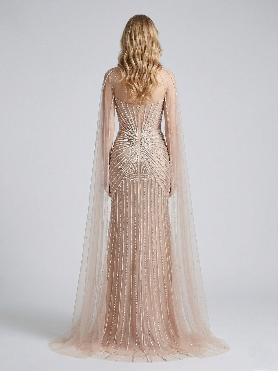 Luxury Champagne Beaded Evening Gown with Sheer Cape Pearl & Crystal Formal Dress MC20141