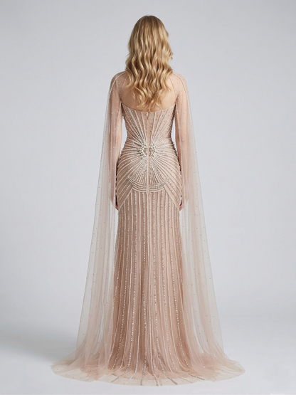 Luxury Champagne Beaded Evening Gown with Sheer Cape Pearl & Crystal Formal Dress MC20141