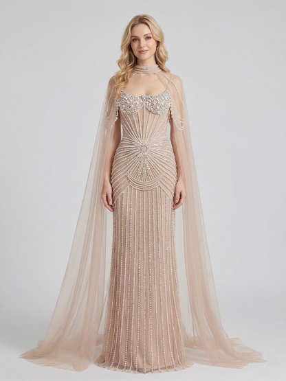 Luxury Champagne Beaded Evening Gown with Sheer Cape Pearl & Crystal Formal Dress MC20141