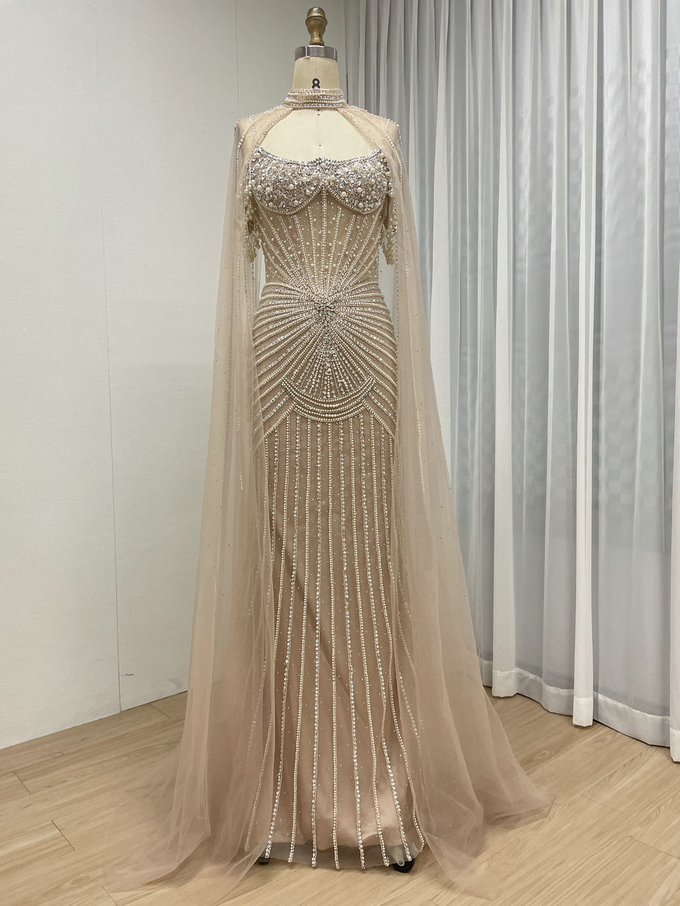 Luxury Champagne Beaded Evening Gown with Sheer Cape Pearl & Crystal Formal Dress MC20141
