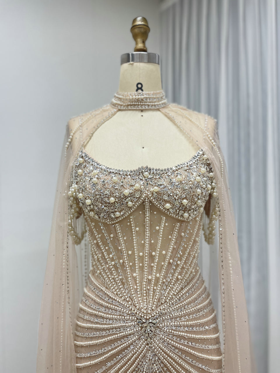 Luxury Champagne Beaded Evening Gown with Sheer Cape Pearl & Crystal Formal Dress MC20141