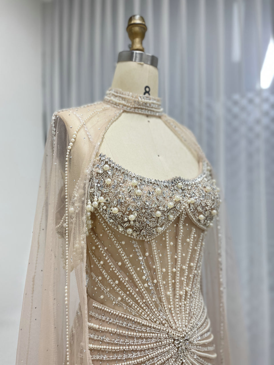 Luxury Champagne Beaded Evening Gown with Sheer Cape Pearl & Crystal Formal Dress MC20141