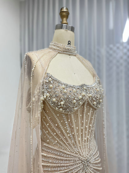Luxury Champagne Beaded Evening Gown with Sheer Cape Pearl & Crystal Formal Dress MC20141