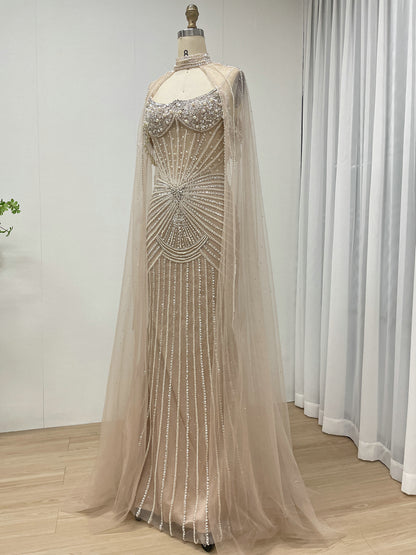 Luxury Champagne Beaded Evening Gown with Sheer Cape Pearl & Crystal Formal Dress MC20141