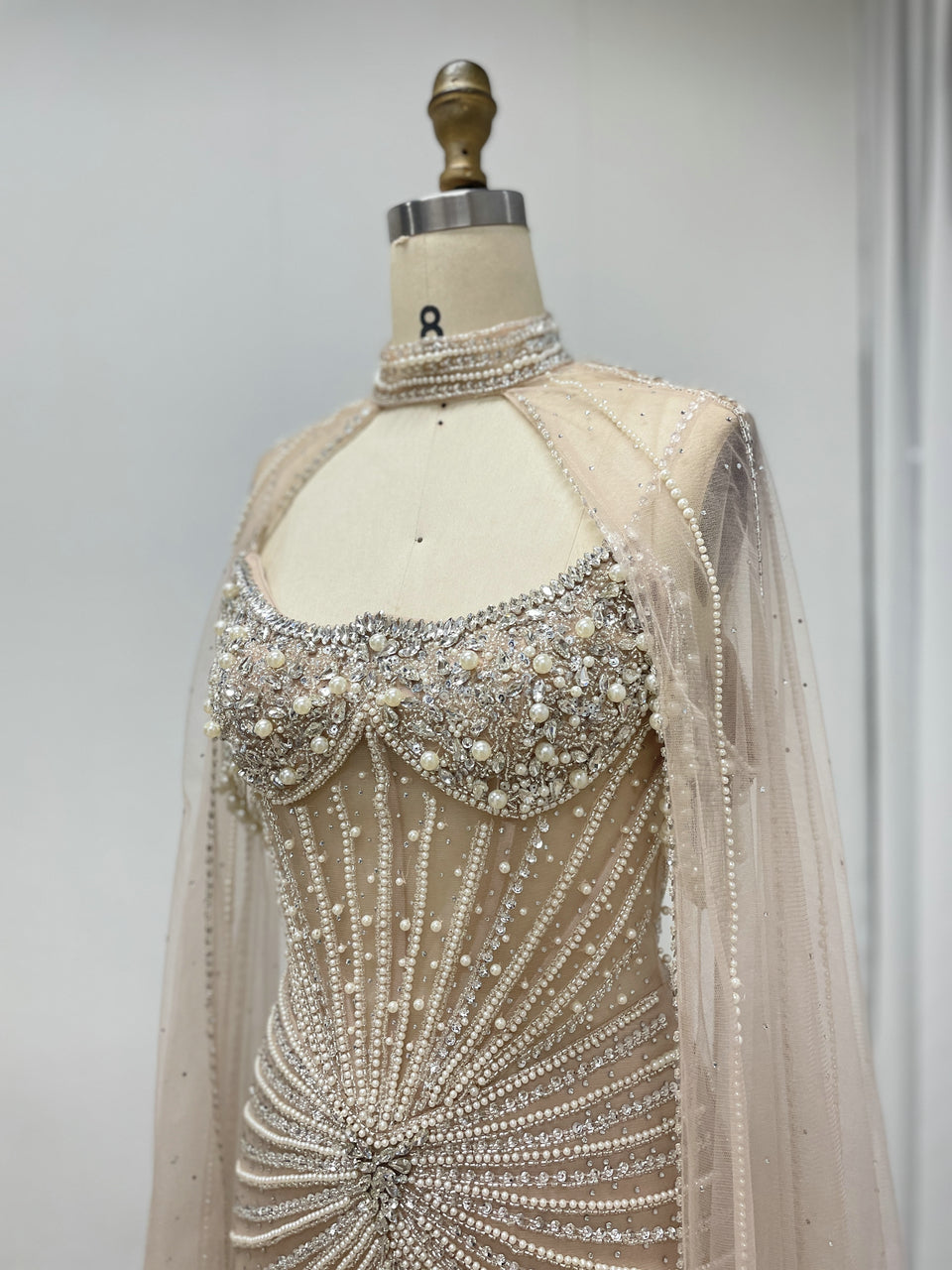 Luxury Champagne Beaded Evening Gown with Sheer Cape Pearl & Crystal Formal Dress MC20141