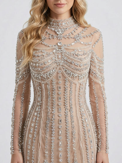 Luxury Champagne Crystal Embellished High Neck Evening Gown - Long Sleeve Pageant & Gala Dress MC20142