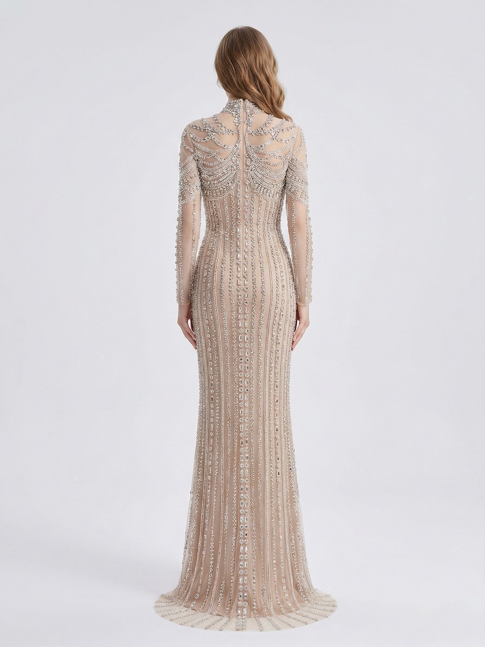 Luxury Champagne Crystal Embellished High Neck Evening Gown - Long Sleeve Pageant & Gala Dress MC20142
