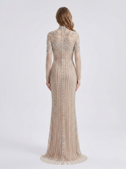 Luxury Champagne Crystal Embellished High Neck Evening Gown - Long Sleeve Pageant & Gala Dress MC20142