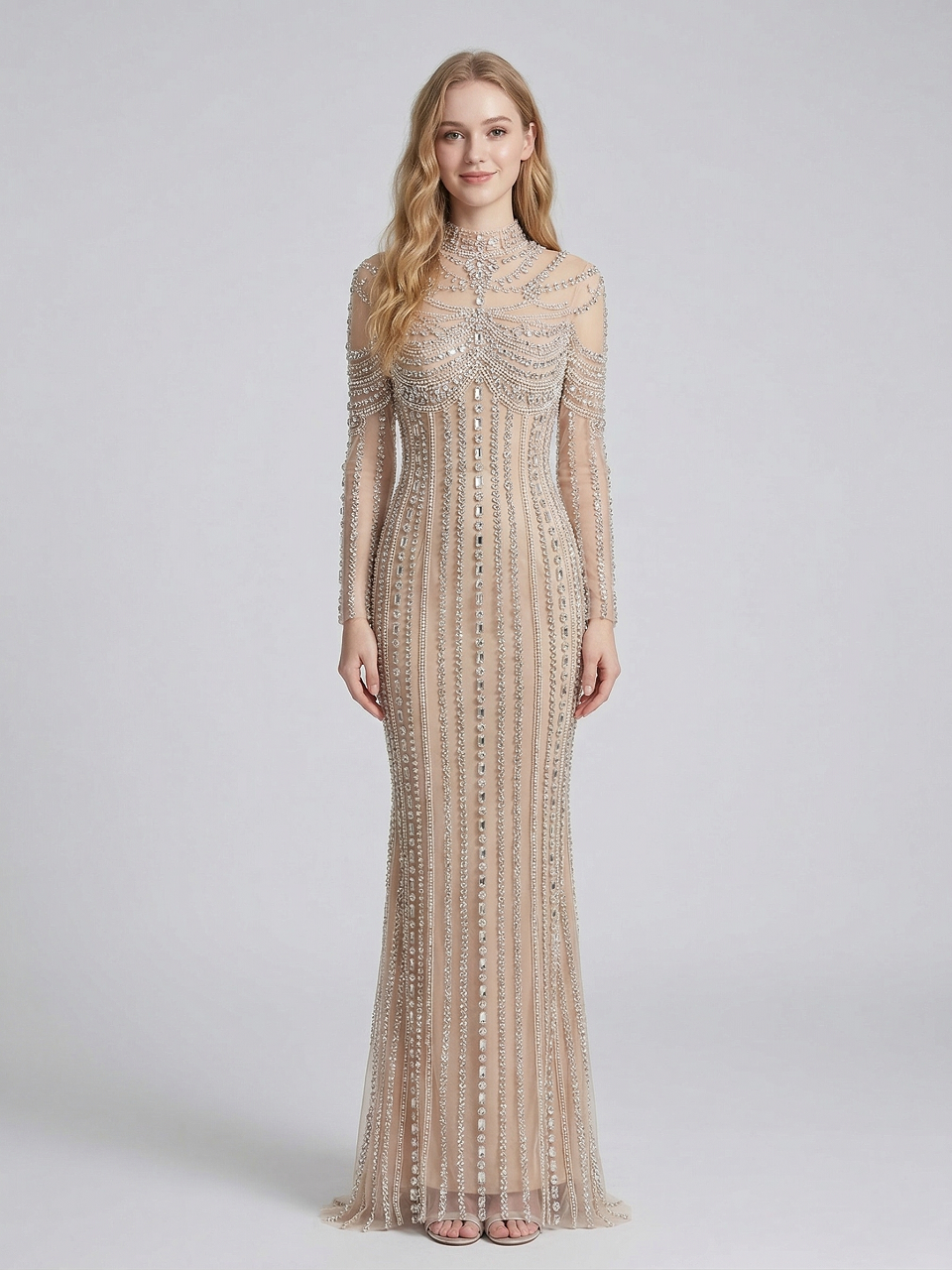 Luxury Champagne Crystal Embellished High Neck Evening Gown - Long Sleeve Pageant & Gala Dress MC20142