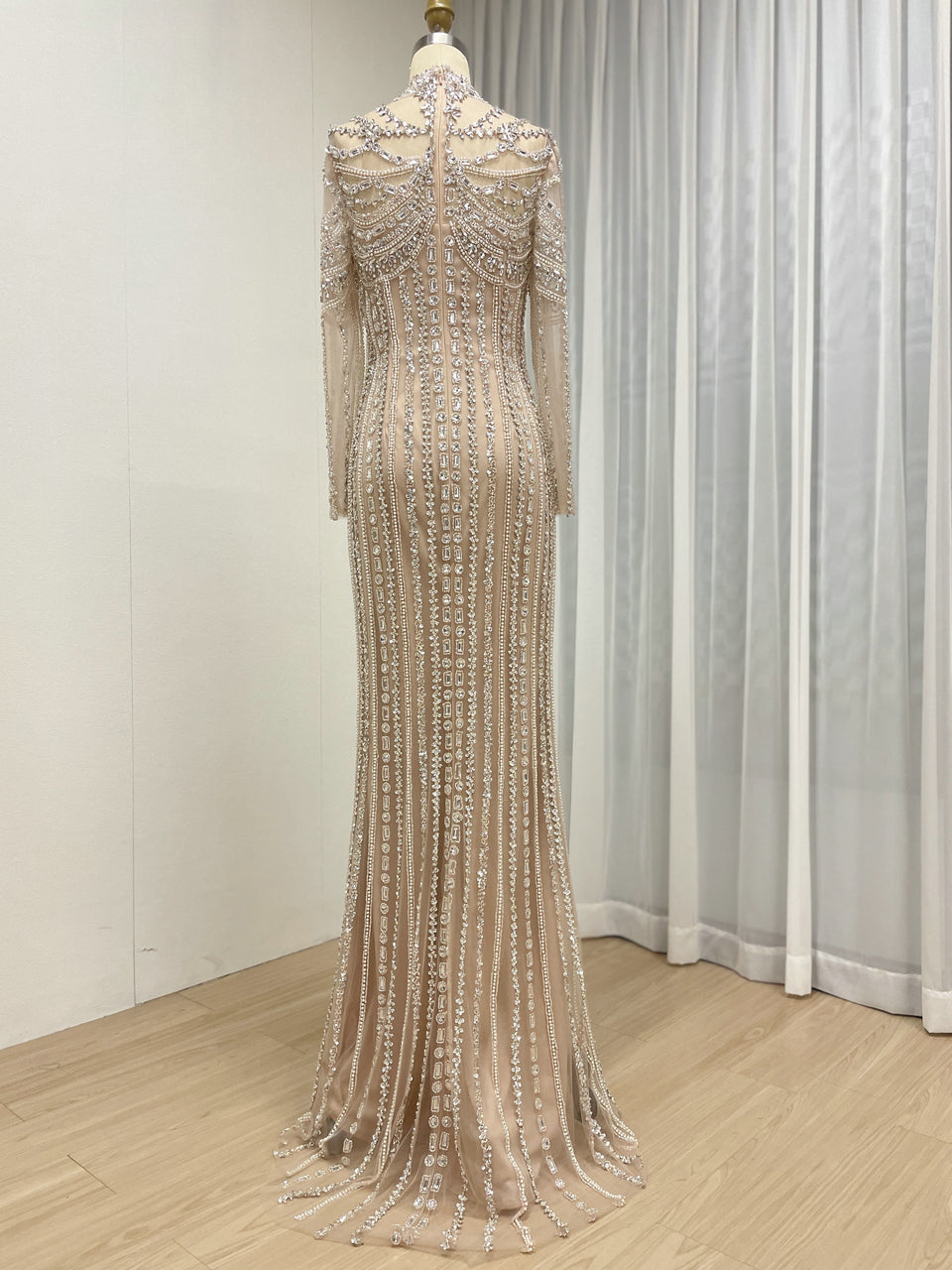 Luxury Champagne Crystal Embellished High Neck Evening Gown - Long Sleeve Pageant & Gala Dress MC20142