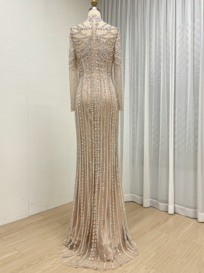 Luxury Champagne Crystal Embellished High Neck Evening Gown - Long Sleeve Pageant & Gala Dress MC20142