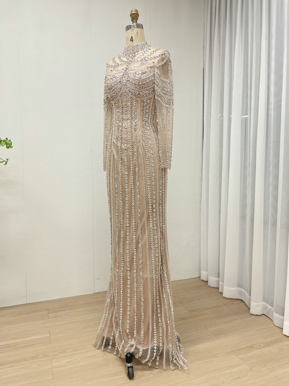 Luxury Champagne Crystal Embellished High Neck Evening Gown - Long Sleeve Pageant & Gala Dress MC20142