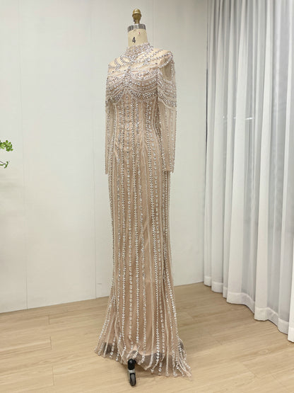 Luxury Champagne Crystal Embellished High Neck Evening Gown - Long Sleeve Pageant & Gala Dress MC20142