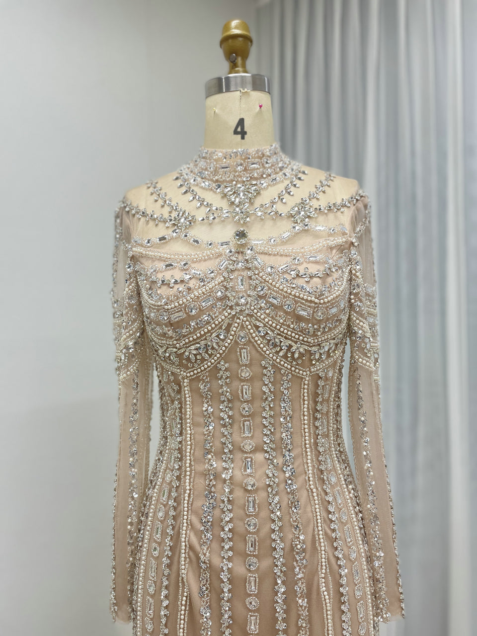 Luxury Champagne Crystal Embellished High Neck Evening Gown - Long Sleeve Pageant & Gala Dress MC20142