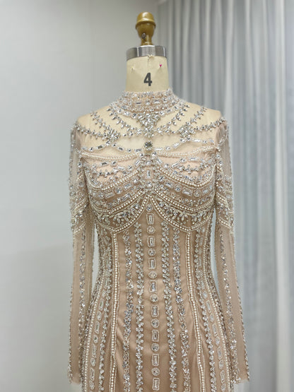 Luxury Champagne Crystal Embellished High Neck Evening Gown - Long Sleeve Pageant & Gala Dress MC20142