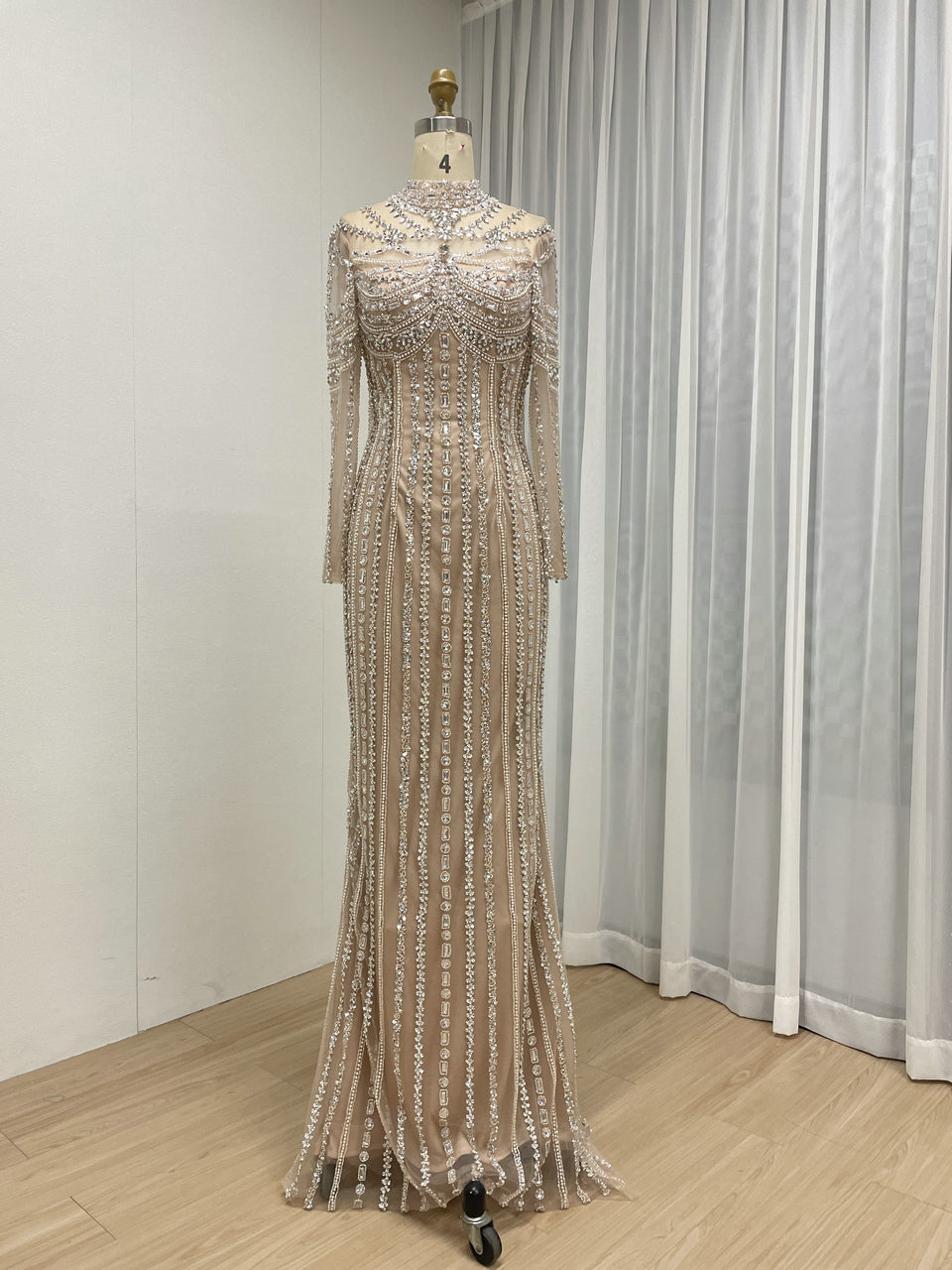 Luxury Champagne Crystal Embellished High Neck Evening Gown - Long Sleeve Pageant & Gala Dress MC20142