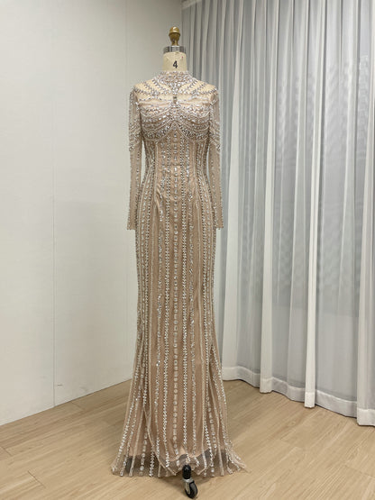 Luxury Champagne Crystal Embellished High Neck Evening Gown - Long Sleeve Pageant & Gala Dress MC20142