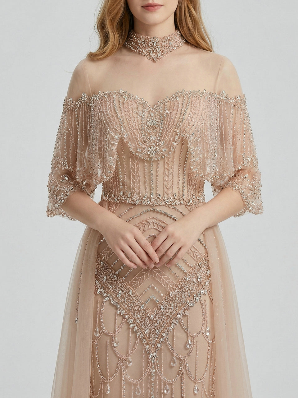 Champagne Crystal Beaded High Neck Evening Gown - Luxury Formal Prom Dress MC20143