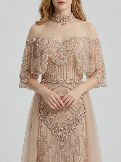 Champagne Crystal Beaded High Neck Evening Gown - Luxury Formal Prom Dress MC20143