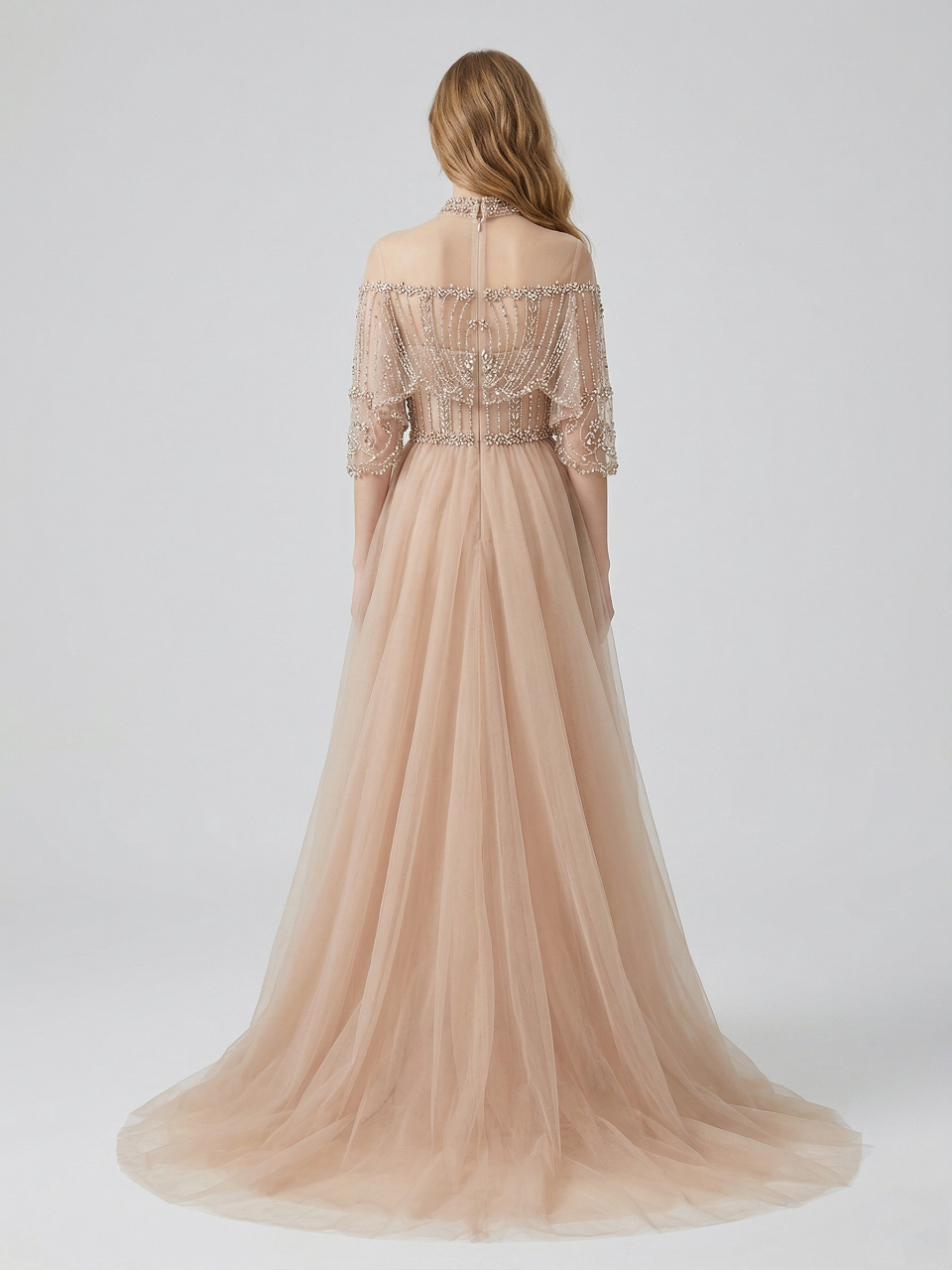 Champagne Crystal Beaded High Neck Evening Gown - Luxury Formal Prom Dress MC20143
