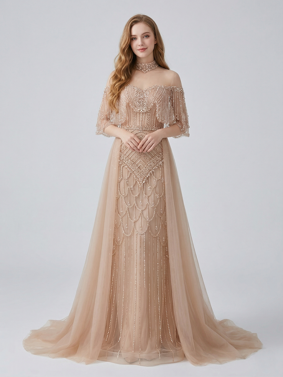 Champagne Crystal Beaded High Neck Evening Gown - Luxury Formal Prom Dress MC20143