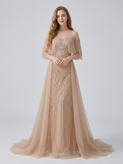 Champagne Crystal Beaded High Neck Evening Gown - Luxury Formal Prom Dress MC20143