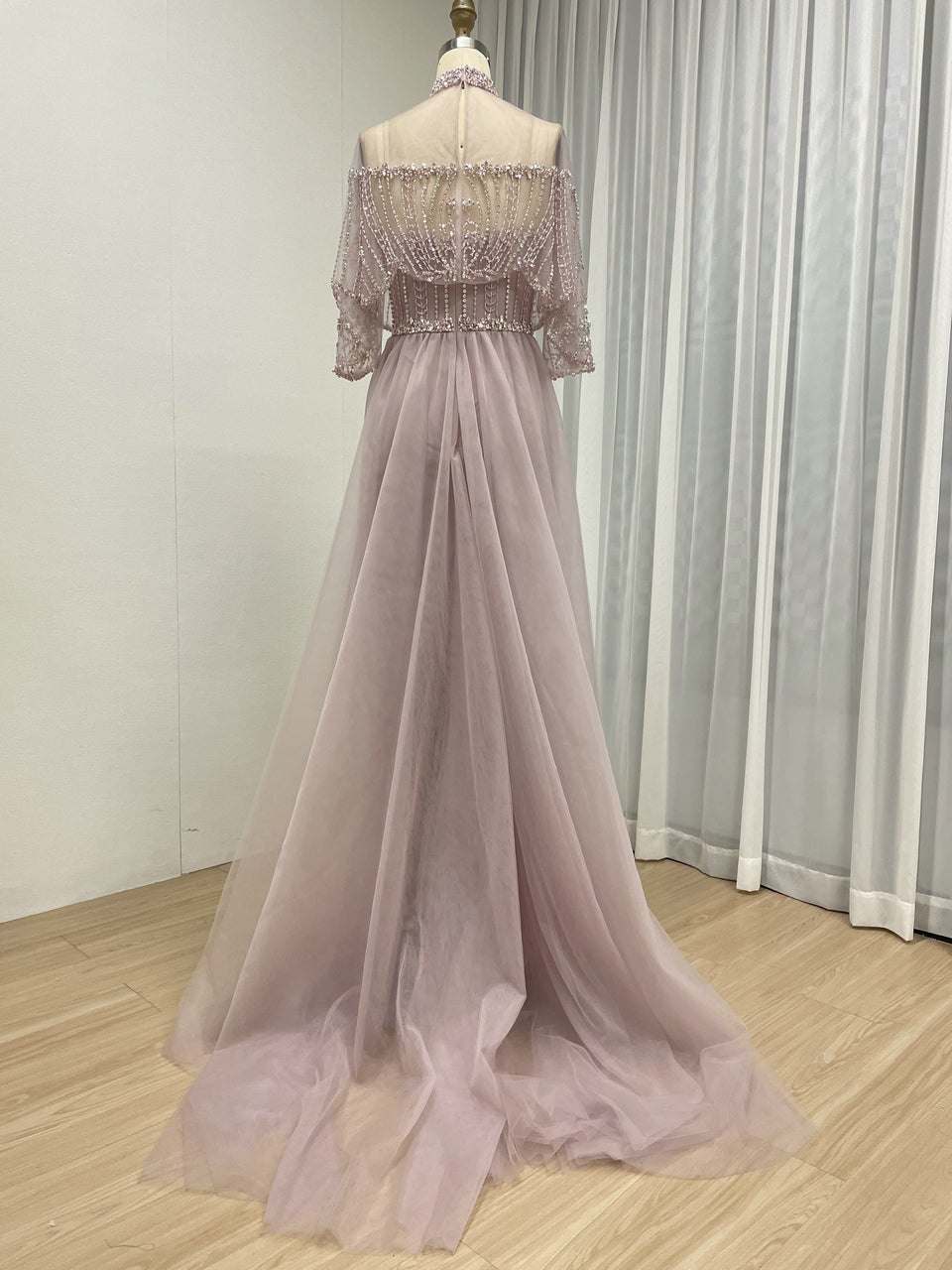 Champagne Crystal Beaded High Neck Evening Gown - Luxury Formal Prom Dress MC20143