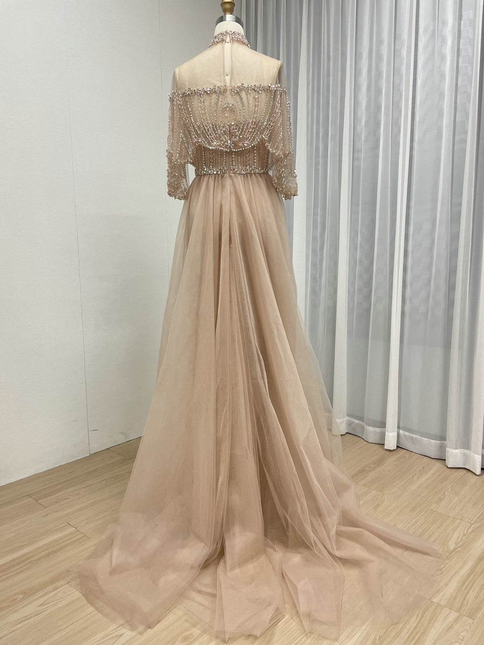 Champagne Crystal Beaded High Neck Evening Gown - Luxury Formal Prom Dress MC20143
