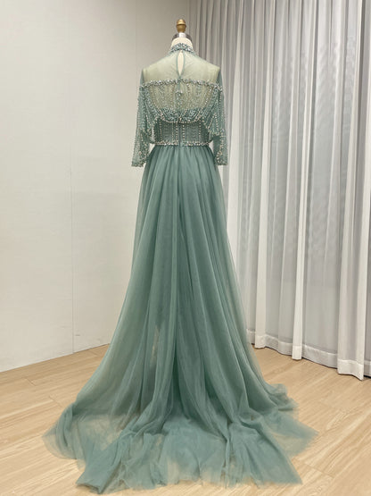 Champagne Crystal Beaded High Neck Evening Gown - Luxury Formal Prom Dress MC20143