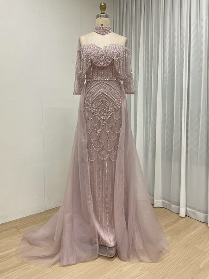 Champagne Crystal Beaded High Neck Evening Gown - Luxury Formal Prom Dress MC20143
