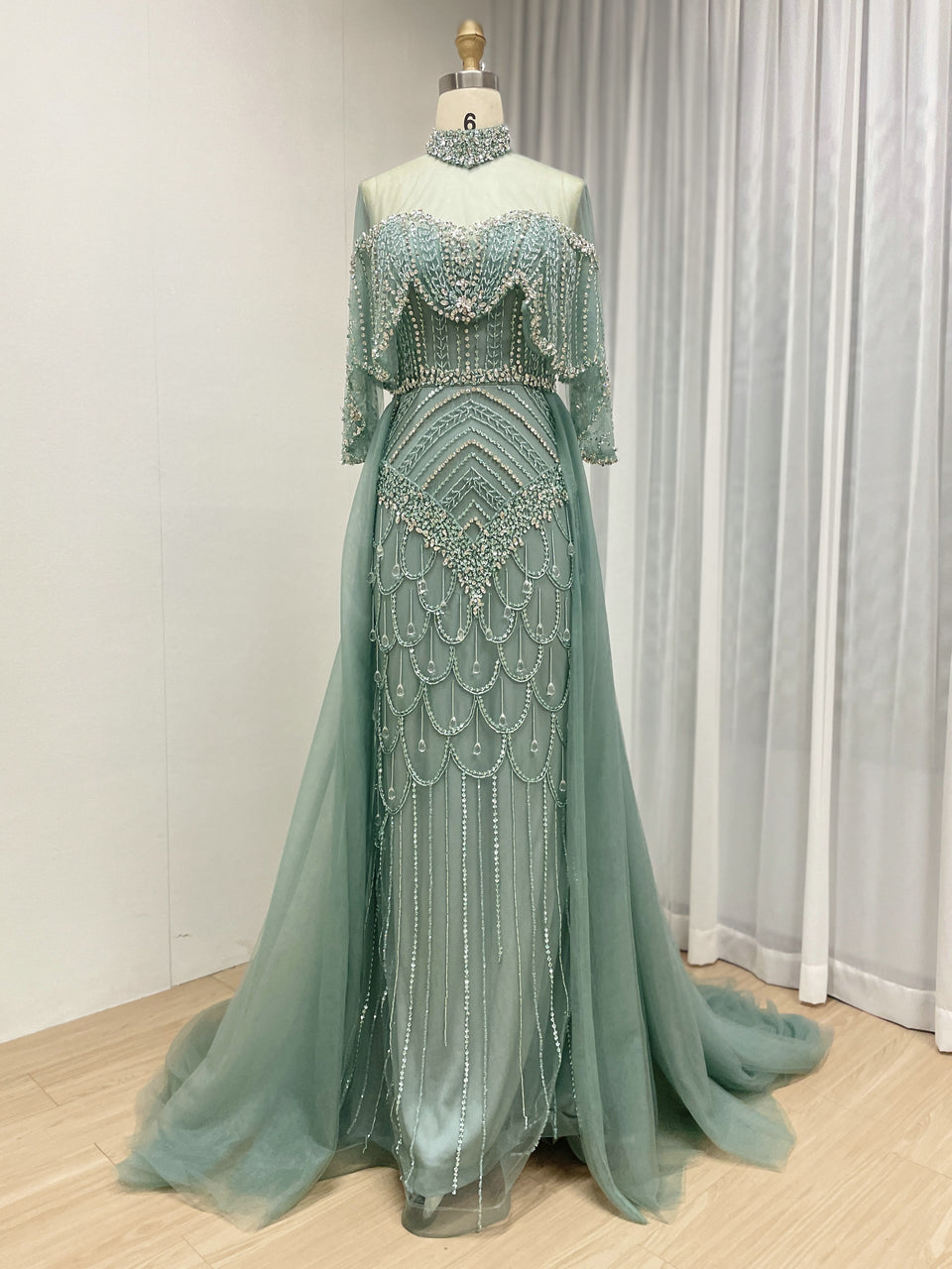 Champagne Crystal Beaded High Neck Evening Gown - Luxury Formal Prom Dress MC20143