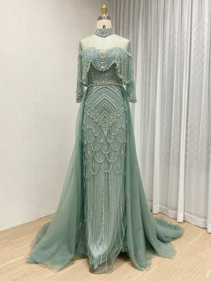 Champagne Crystal Beaded High Neck Evening Gown - Luxury Formal Prom Dress MC20143
