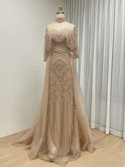 Champagne Crystal Beaded High Neck Evening Gown - Luxury Formal Prom Dress MC20143