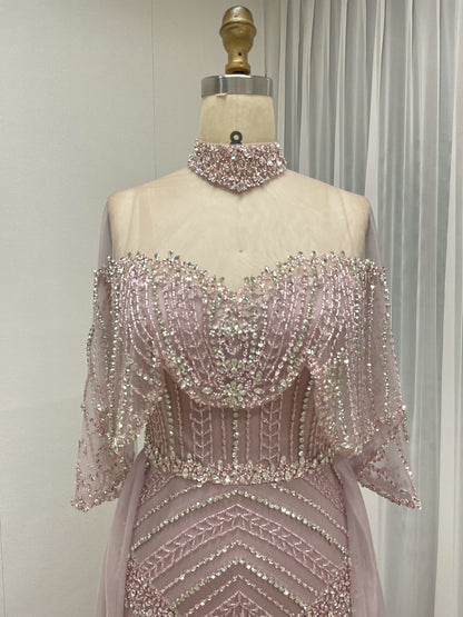Champagne Crystal Beaded High Neck Evening Gown - Luxury Formal Prom Dress MC20143