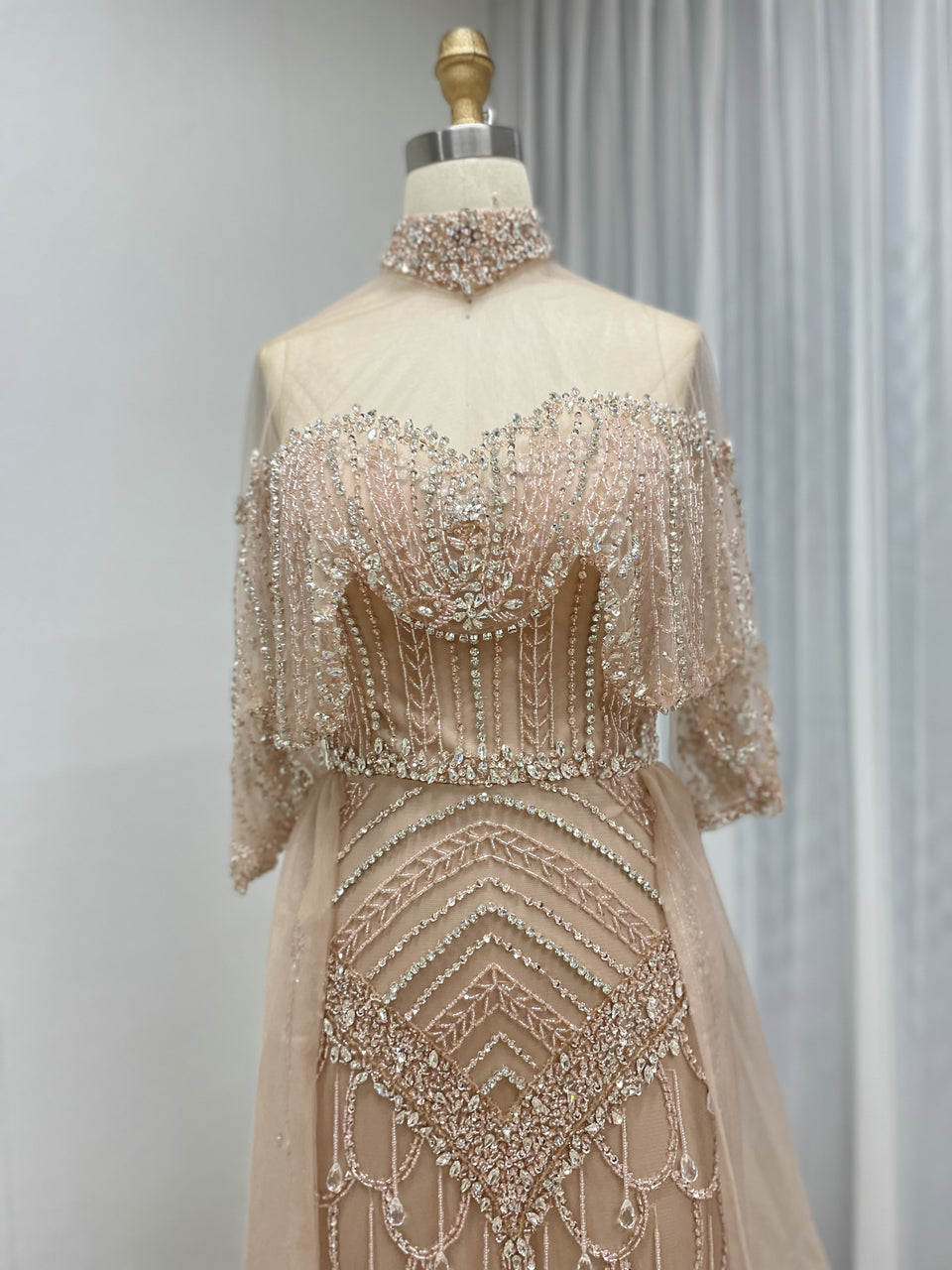 Champagne Crystal Beaded High Neck Evening Gown - Luxury Formal Prom Dress MC20143