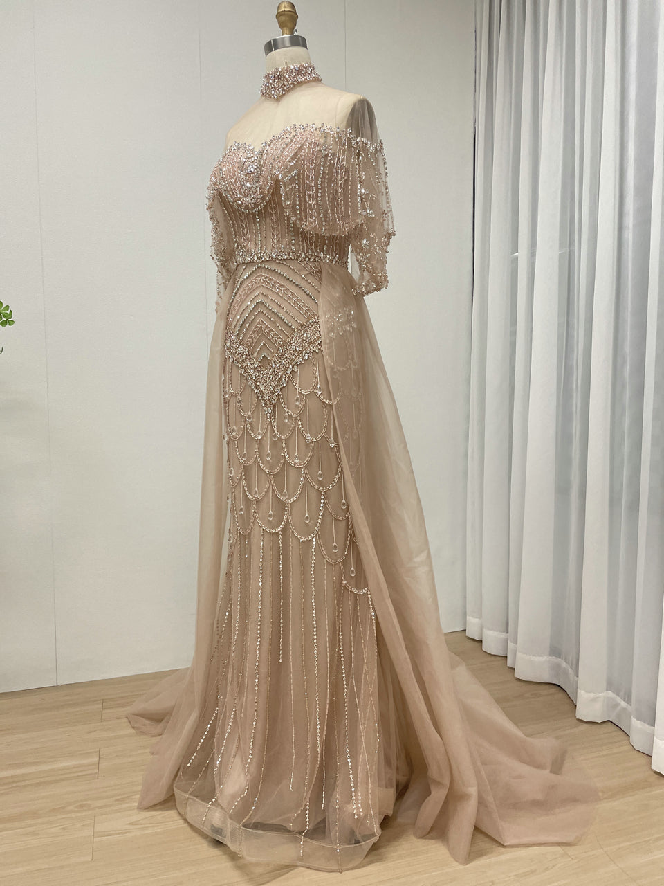 Champagne Crystal Beaded High Neck Evening Gown - Luxury Formal Prom Dress MC20143