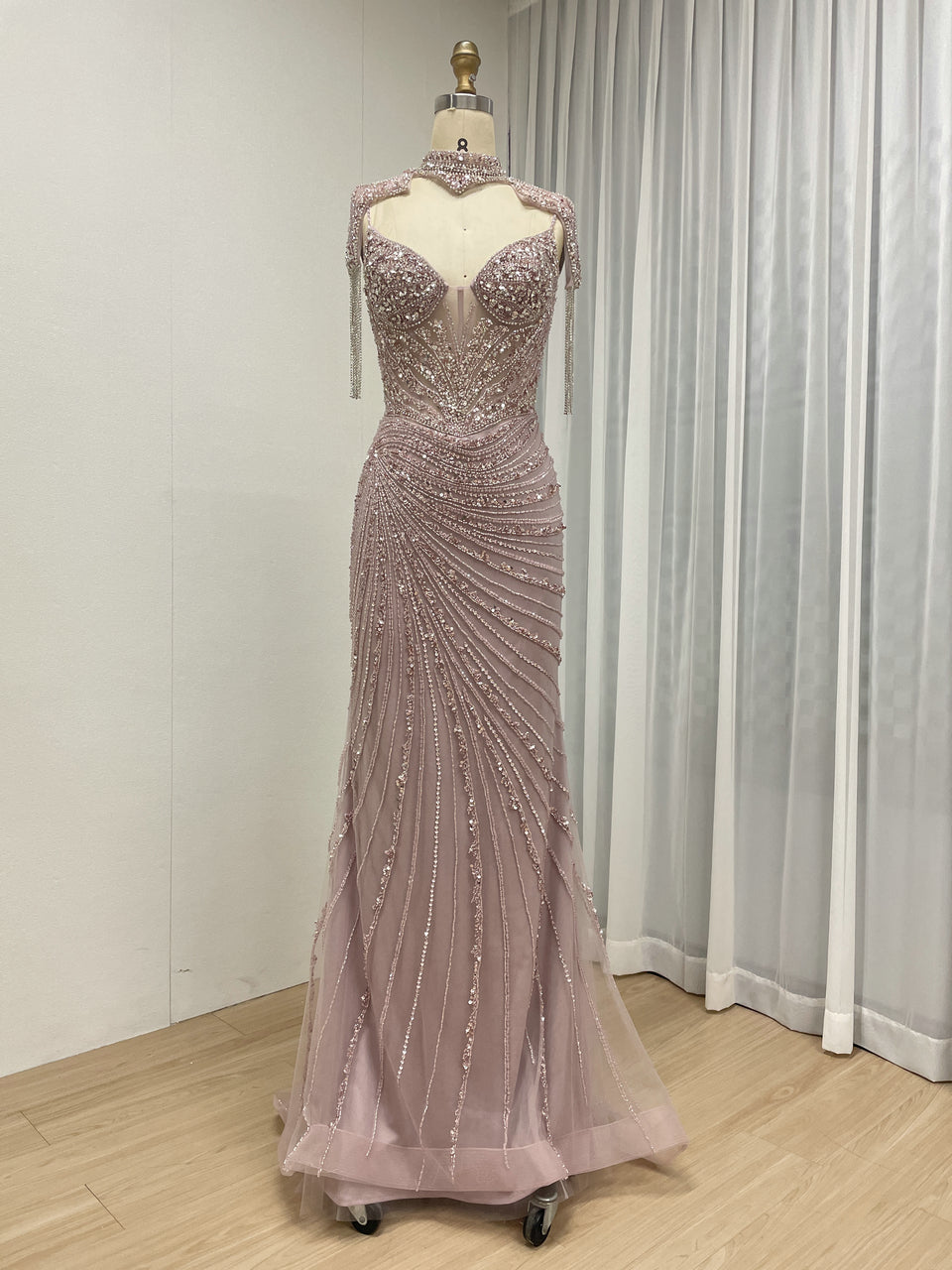 Champagne Crystal Beaded Mermaid Evening Gown with Choker Neck MC20147