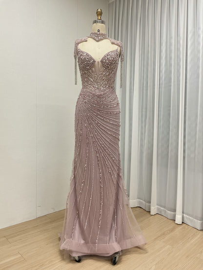 Champagne Crystal Beaded Mermaid Evening Gown with Choker Neck MC20147