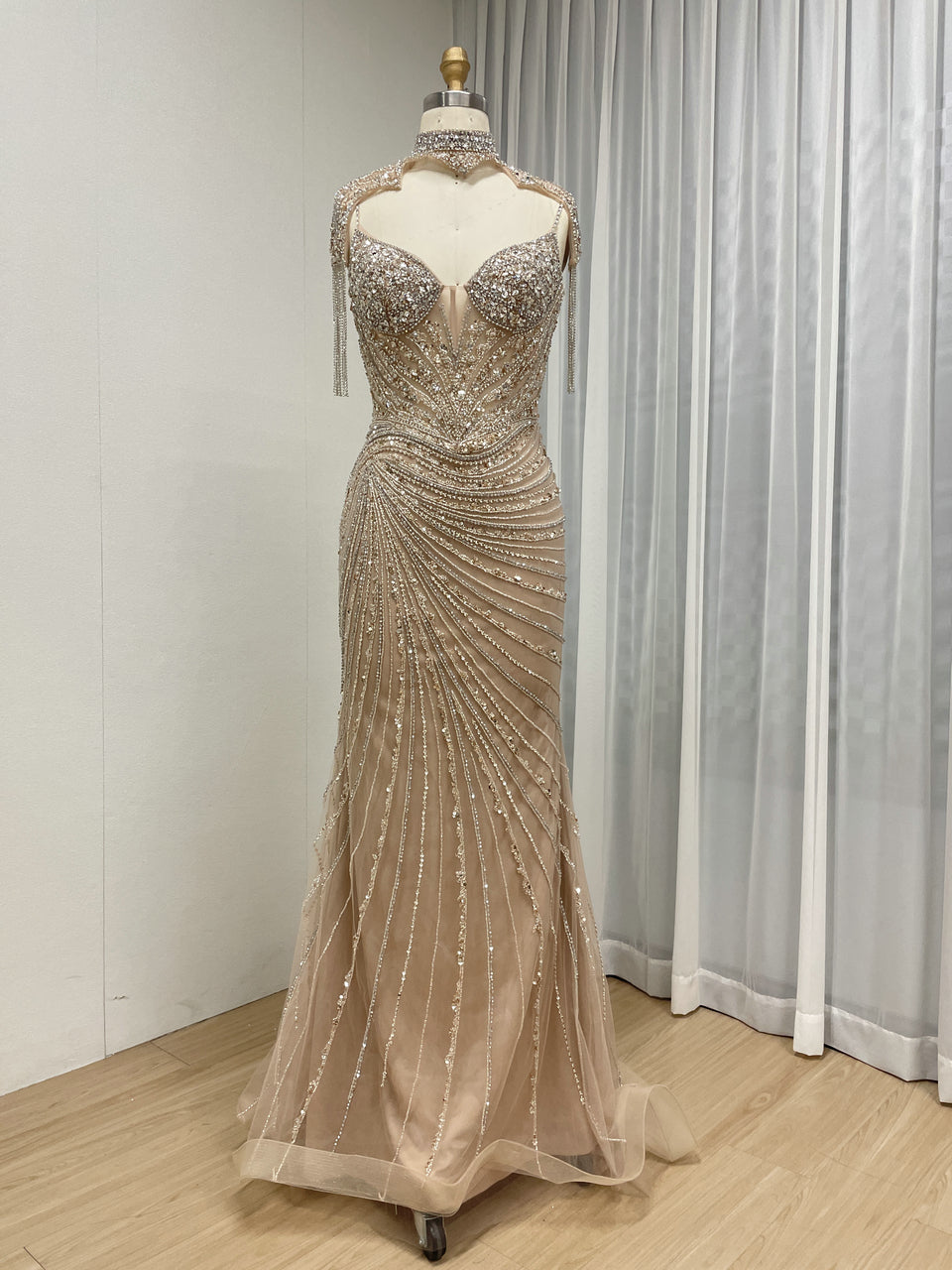 Champagne Crystal Beaded Mermaid Evening Gown with Choker Neck MC20147