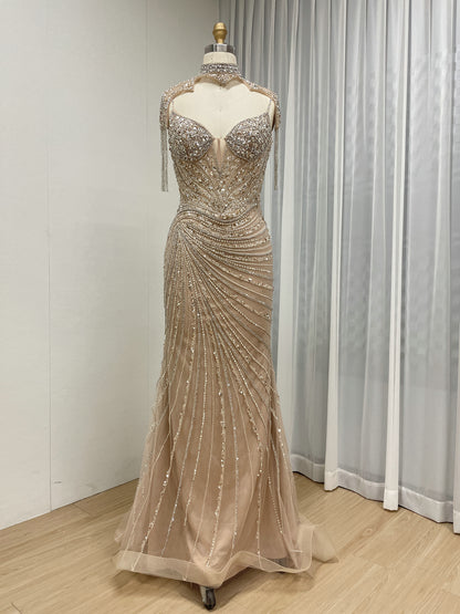 Champagne Crystal Beaded Mermaid Evening Gown with Choker Neck MC20147