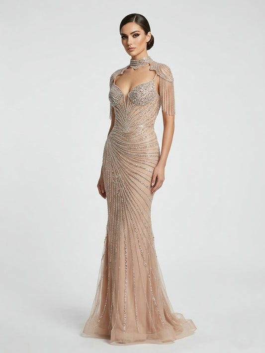 Champagne Crystal Beaded Mermaid Evening Gown with Choker Neck MC20147