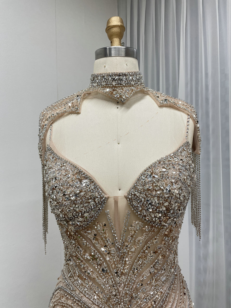 Champagne Crystal Beaded Mermaid Evening Gown with Choker Neck MC20147