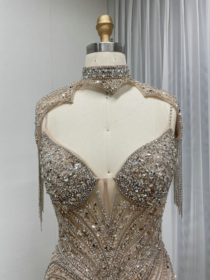 Champagne Crystal Beaded Mermaid Evening Gown with Choker Neck MC20147