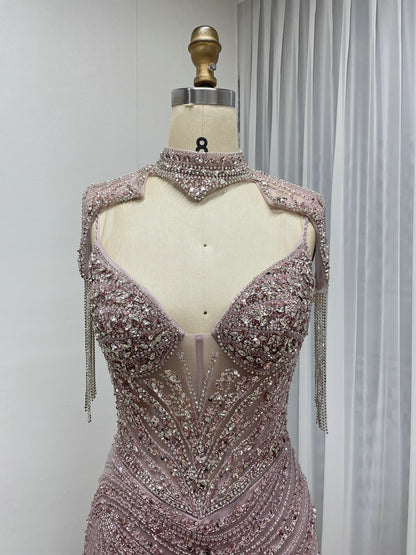 Champagne Crystal Beaded Mermaid Evening Gown with Choker Neck MC20147