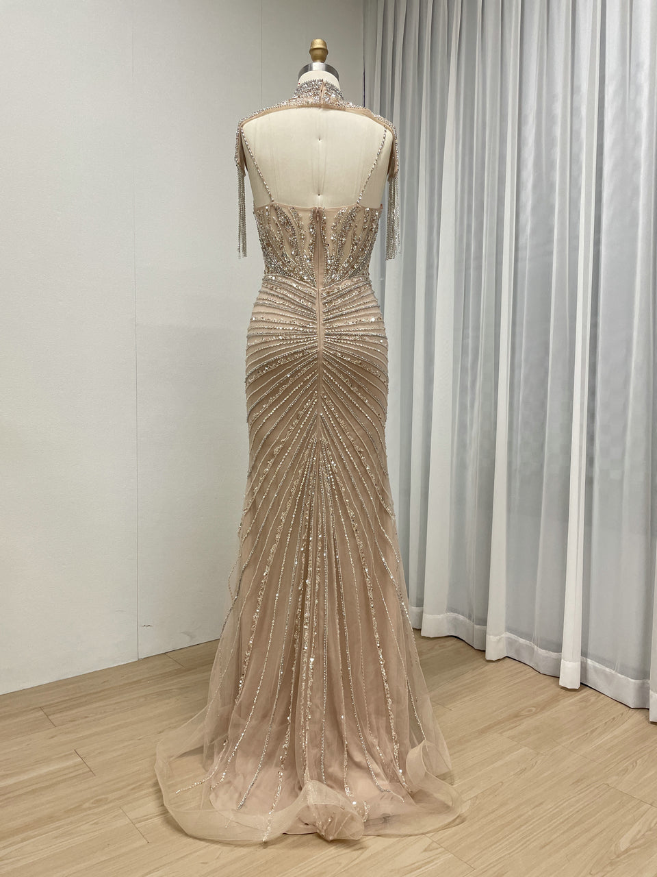 Champagne Crystal Beaded Mermaid Evening Gown with Choker Neck MC20147