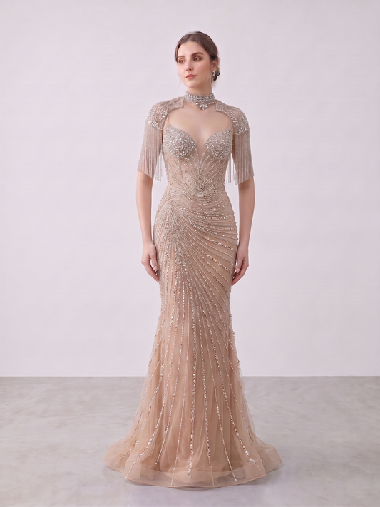 Champagne Crystal Beaded Mermaid Evening Gown with Choker Neck MC20147
