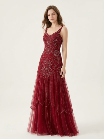 Wine Crystal Beading Evening Gown V-Neck Tulle Prom Dress MC20148